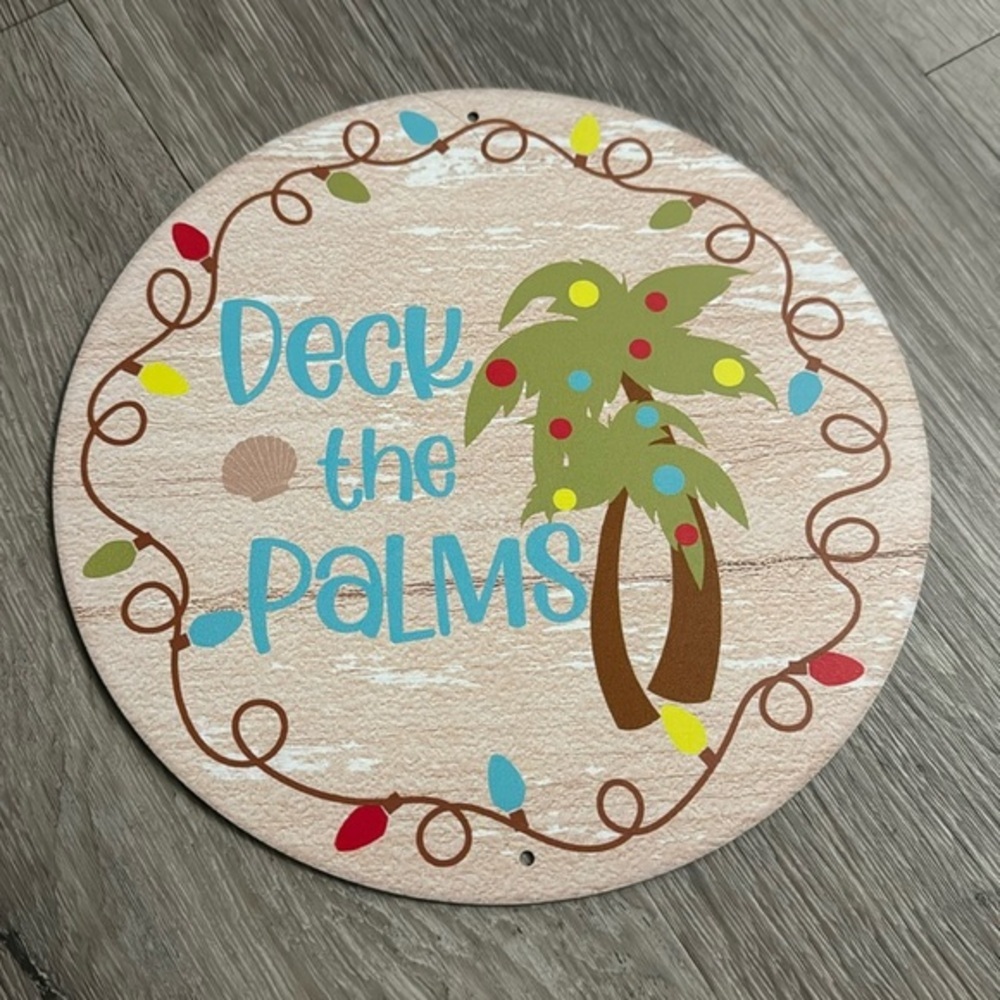 Beach Coastal Christmas Decor Deck The Palms Round Sign Palm Tree